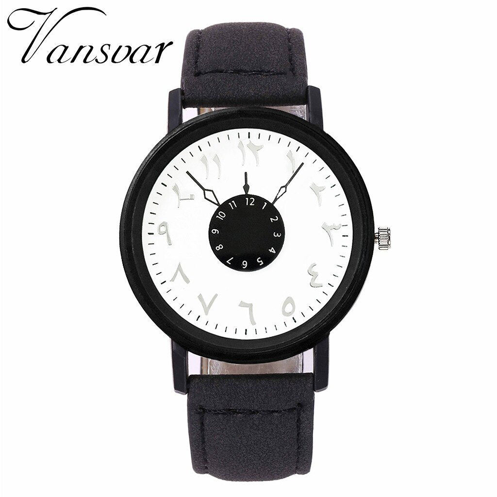 Vansvar Brand Black White Lover's Couple Watches Unique Arabic Numbers Leather Women Quartz Wristwatch Luxury Brand Clock