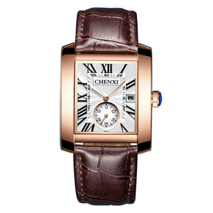 Luxury Brand CHENXI Square Men Watches Unique Design Rose Gold Calendar Stop Watch Genuine Leather Quartz Business Watch for Man