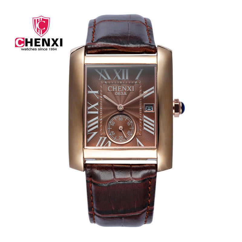 Luxury Brand CHENXI Square Men Watches Unique Design Rose Gold Calendar Stop Watch Genuine Leather Quartz Business Watch for Man