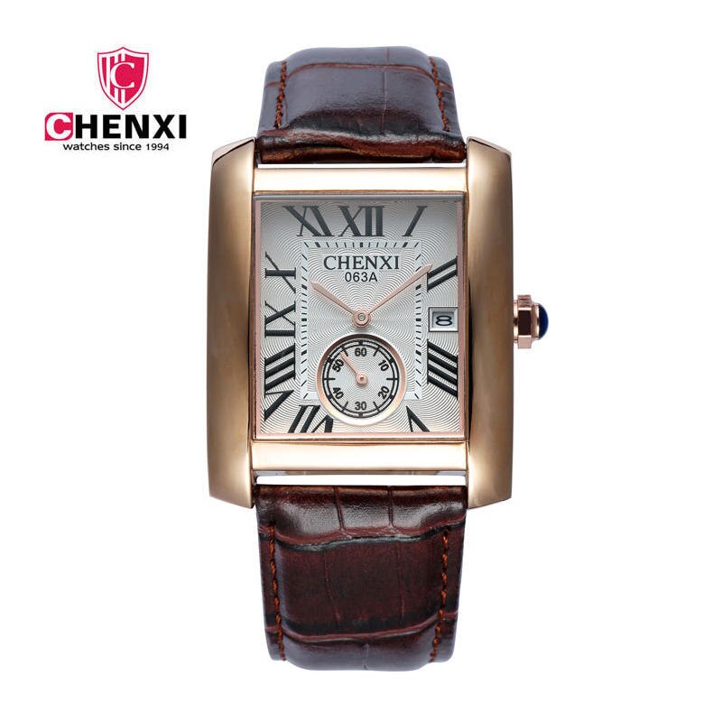 Luxury Brand CHENXI Square Men Watches Unique Design Rose Gold Calendar Stop Watch Genuine Leather Quartz Business Watch for Man