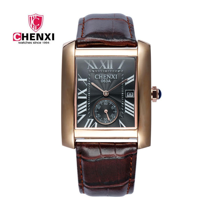 Luxury Brand CHENXI Square Men Watches Unique Design Rose Gold Calendar Stop Watch Genuine Leather Quartz Business Watch for Man