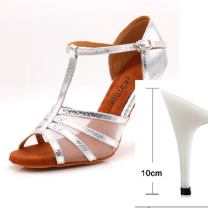 women's latin dance shoes Rhinestone Size US 4-12 bronze Salsa Satin Shoes For Comfortable 10cm Heel Height Dancing