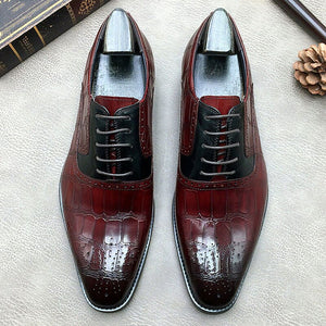 Mens Brogues Shoes Genuine Leather Oxfords Alligator Skin Dress Shoes Business Formal Gents Suit Shoes Wine Red Black