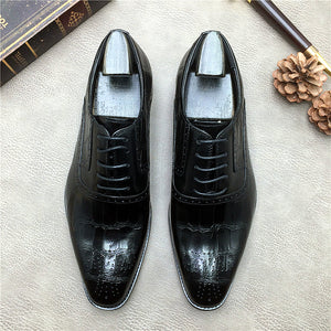 Mens Brogues Shoes Genuine Leather Oxfords Alligator Skin Dress Shoes Business Formal Gents Suit Shoes Wine Red Black