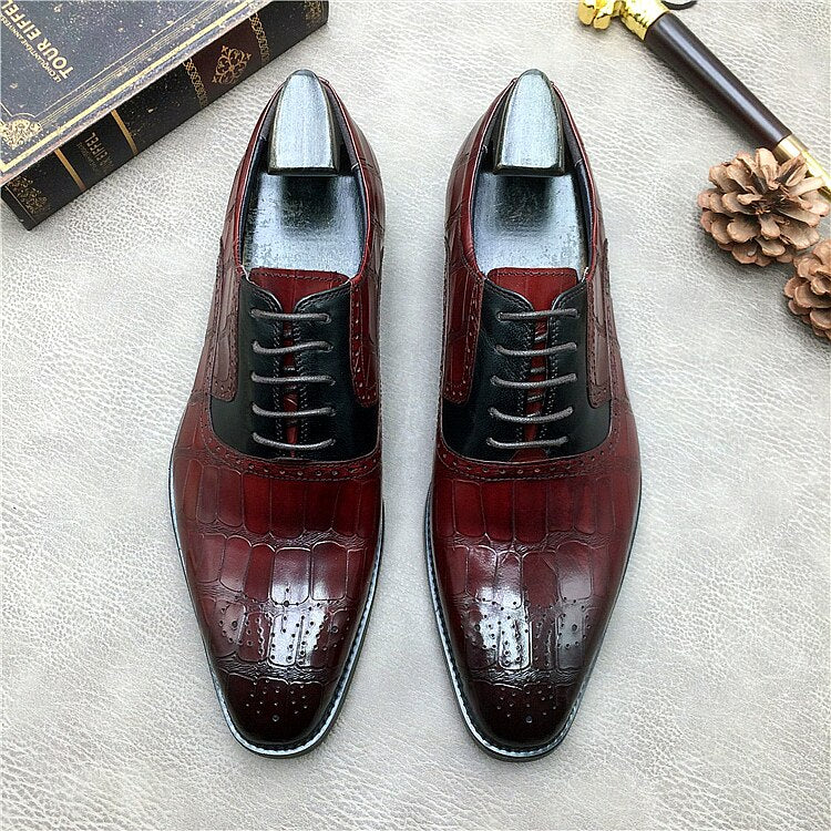 Mens Brogues Shoes Genuine Leather Oxfords Alligator Skin Dress Shoes Business Formal Gents Suit Shoes Wine Red Black