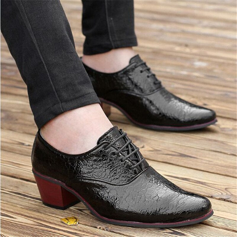 feiyitumens 6cm high heel dress shoes fashion croco grain pointed toe wedding shoes mans heighten gents high-heeled party leathe