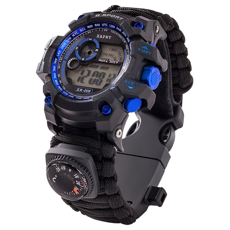 Outdoor Sports Bracelet Watch,  Waterproof Emergency Survival Watches, Whistle, Fire Starter, Compass and Survival Gear