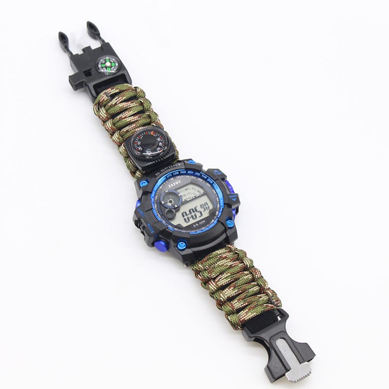 Outdoor Sports Bracelet Watch,  Waterproof Emergency Survival Watches, Whistle, Fire Starter, Compass and Survival Gear