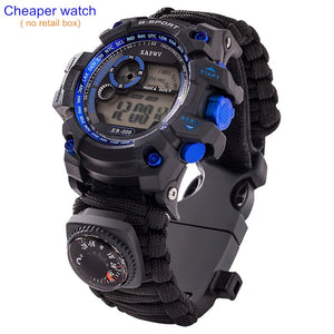 Kit Survival Watch 50M Waterproof IP68 Survive Gear Camping Paracord Wristband EDC Tools Knife Whistle Thermometer First Aid Kit