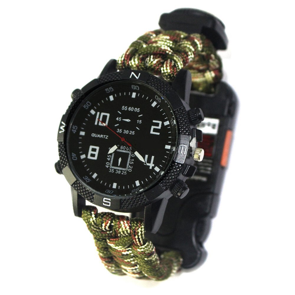 Outdoor Survival Multifunctional Watch All-in-one Watch with Compass Thermometer Whistle Umbrella Rope Woven New Arrival