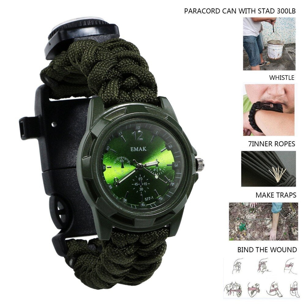 Outdoor Camping Multi Tool watch survival watch Compass Thermometer Rescue Rope Paracord Bracelet Equipment Tools kits Parachute