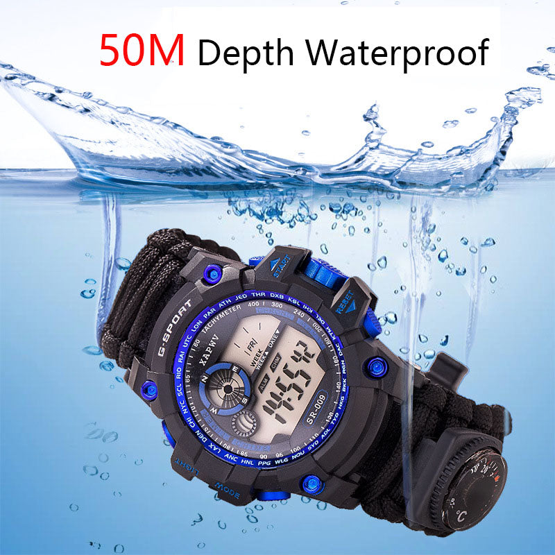 Survival Outdoor Bracelet Watch Emergency Multi-functional Waterproof 50M Paracord Knife Compass Thermometer Whistles First Aid