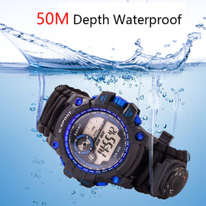 Survival Outdoor Bracelet Watch Emergency Multi-functional Waterproof 50M Paracord Knife Compass Thermometer Whistles First Aid