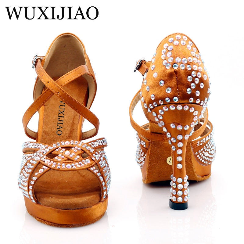 WUXIJIAO New Women Waterproof platform Satin Latin Dance Shoes Rhinestone Salsa Ballroom Dance Shoes Colors bronze