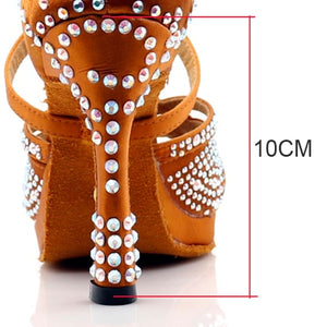 WUXIJIAO New Women Waterproof platform Satin Latin Dance Shoes Rhinestone Salsa Ballroom Dance Shoes Colors bronze